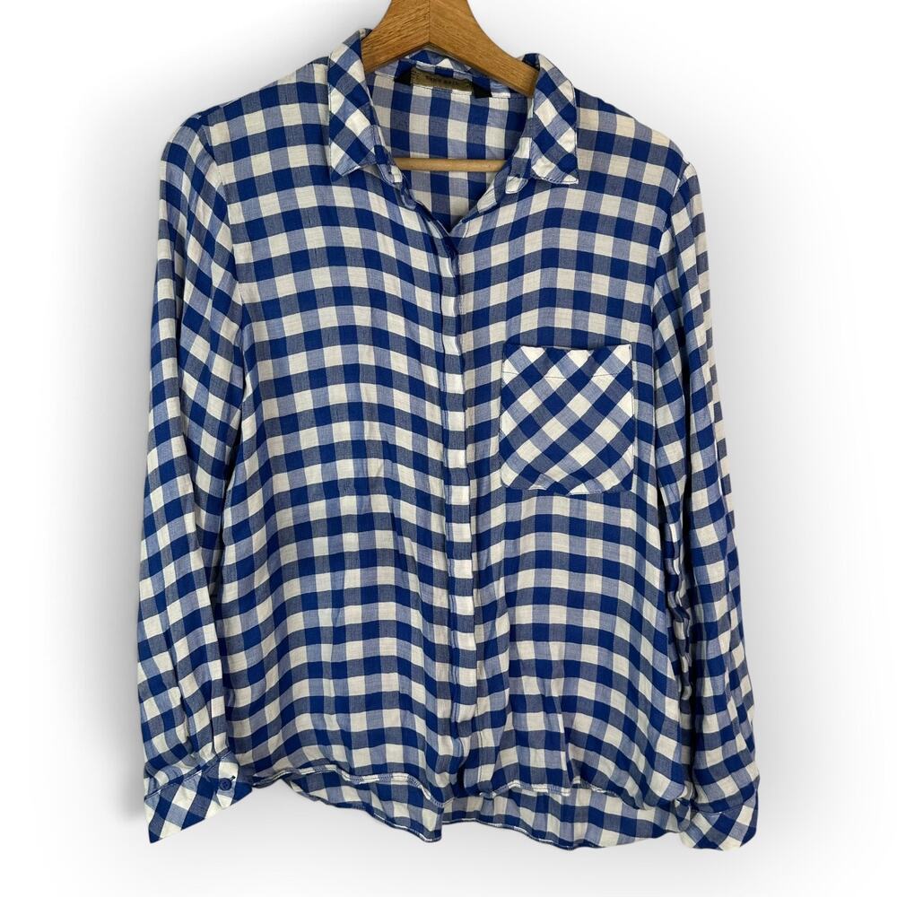 Zara Basic Womens Large Blue White Gingham Button Down Shirt Long Sleeve Top